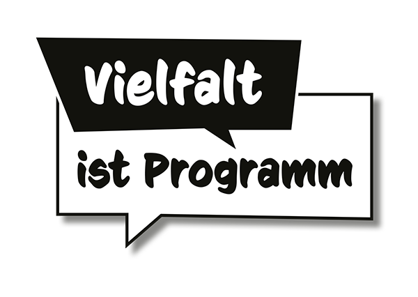 Schwarze Sprechblase mit dem Text "Vielfalt ist Programm"